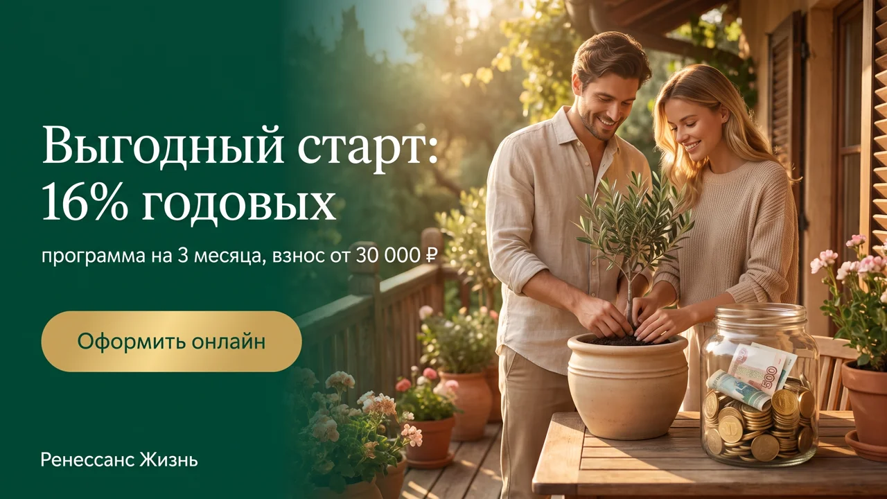 Ренессанс Жизнь, программа «Выгодный старт»: 16 % годовых на 3 месяца, взнос от 30 000 ₽
